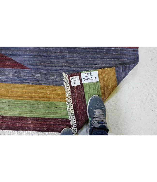 Beautiful Modern Handwoven Geometric Afghan Kilim Rug 301x216 cm Multi color Rectangle Tribal 100% Wool