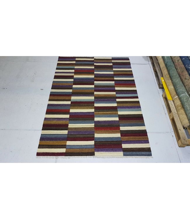 Fantastic Checked Handwoven Geometric Afghan Kilim Rug 267x185 cm Multi color Rectangle Tribal 100% Wool