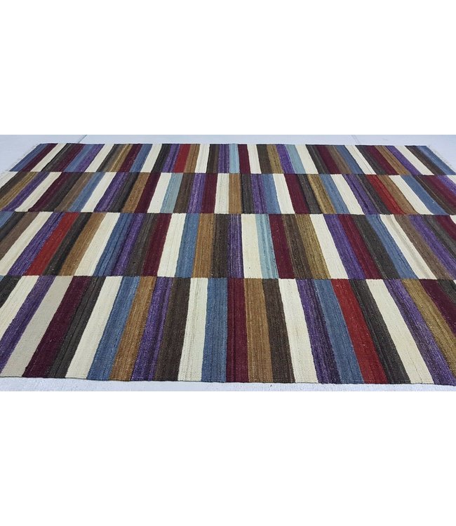 Fantastic Checked Handwoven Geometric Afghan Kilim Rug 267x185 cm Multi color Rectangle Tribal 100% Wool