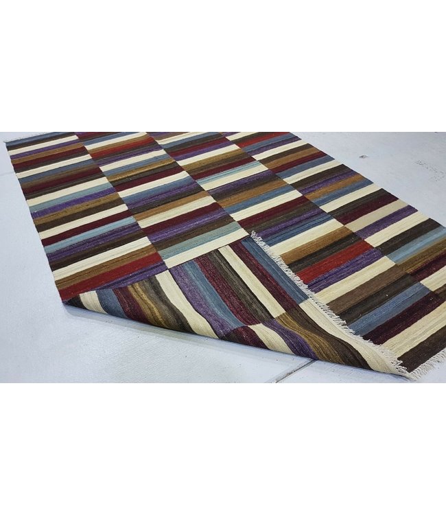 Fantastic Checked Handwoven Geometric Afghan Kilim Rug 267x185 cm Multi color Rectangle Tribal 100% Wool