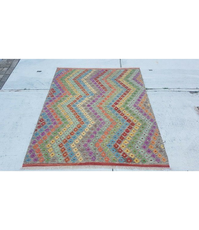 Beautiful Oriental Handwoven Striped Afghan Kilim Rug 187x153 cm Multi color Rectangle Tribal 100% Wool