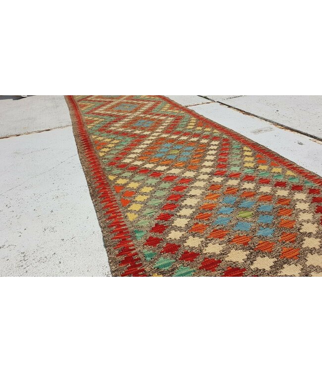 Beautiful Oriental Handwoven Geometric Afghan Kilim Rug 292x90 cm Multi color Rectangle Tribal 100% Wool