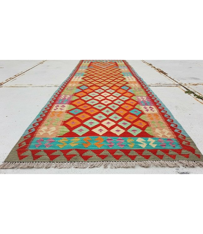 Fantastic Oriental Handwoven Geometric Afghan Kilim Rug 298x94 cm Multi color Rectangle Tribal 100% Wool