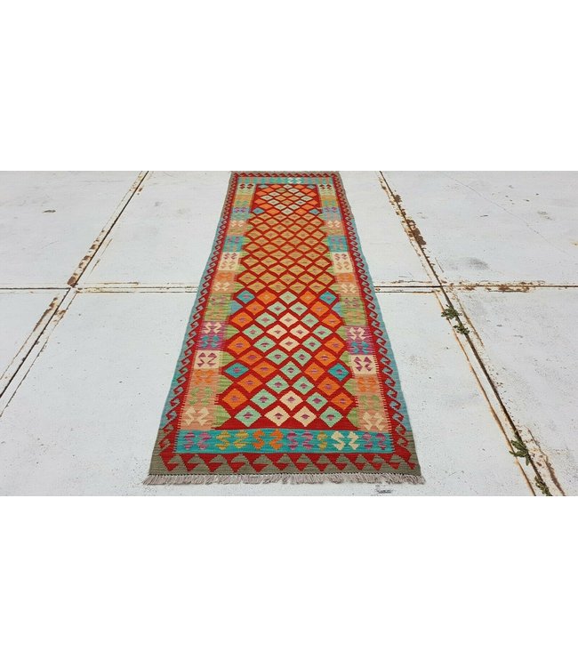Fantastic Oriental Handwoven Geometric Afghan Kilim Rug 298x94 cm Multi color Rectangle Tribal 100% Wool
