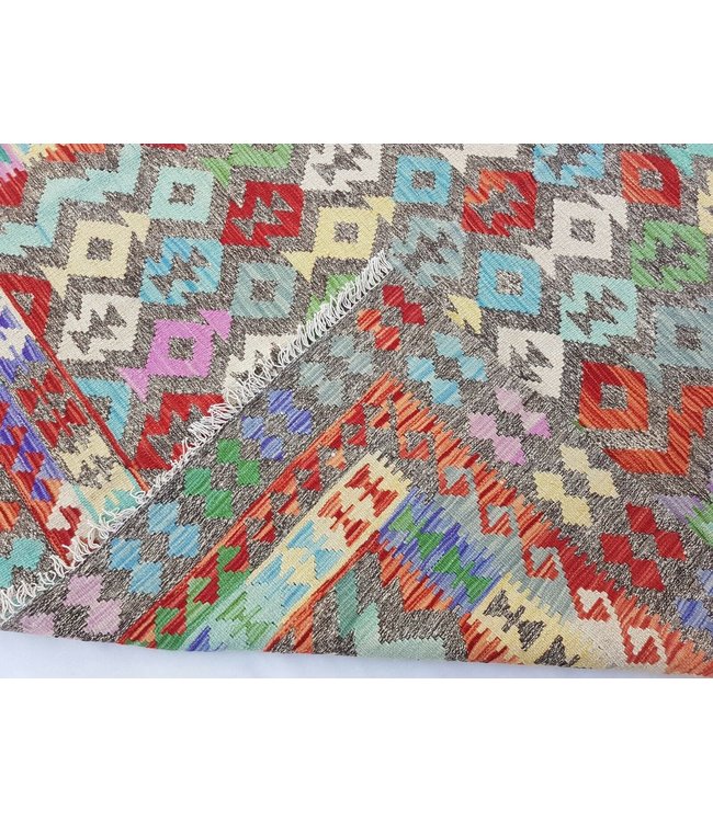 Beautiful Oriental Handwoven Geometric Afghan Kilim Rug 233x182 cm Multi color Rectangle Tribal 100% Wool