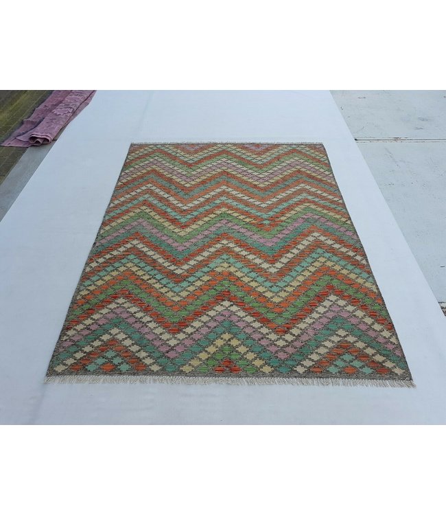 Beautiful Oriental Handwoven Striped Afghan Kilim Rug 234x184 cm Multi color Rectangle Tribal 100% Wool