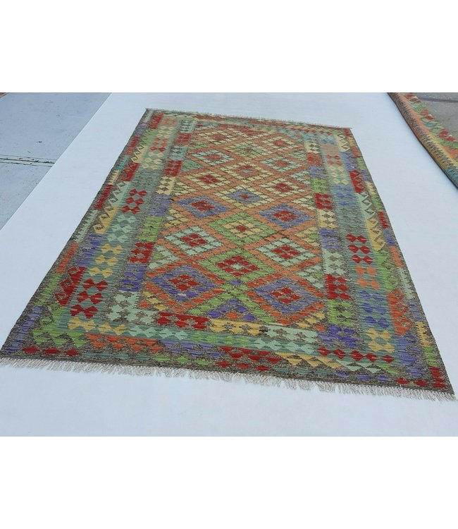 Beautiful Oriental Handwoven Geometric Afghan Kilim Rug 246x180 cm Multi color Rectangle Tribal 100% Wool