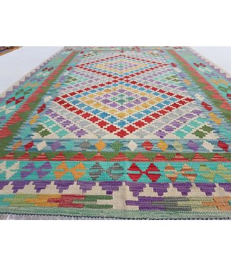 Beautiful Geometric Handwoven Afghan Kilim Rug 245x162 cm Multi color Rectangle 100% Wool Tribal