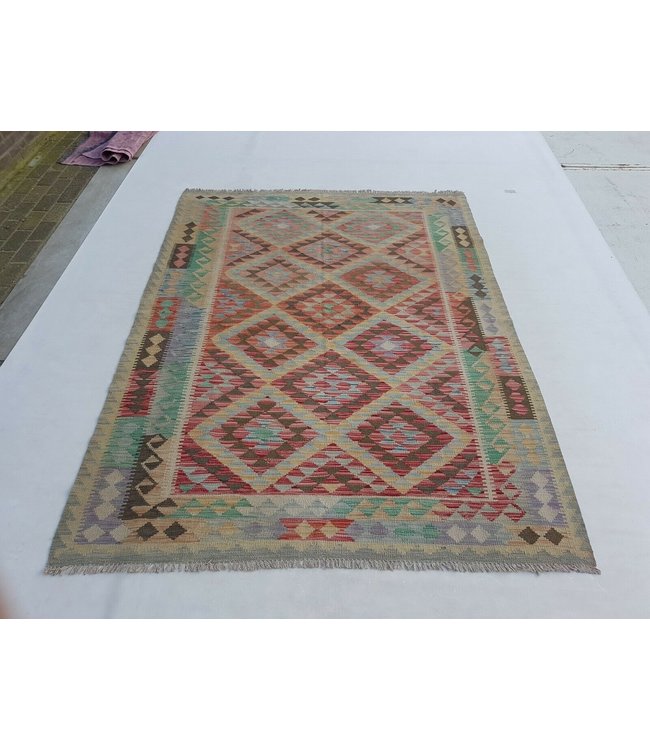 Beautiful Oriental Handwoven Geometric Afghan Kilim Rug 239x175 cm Multi color Rectangle Tribal 100% Wool