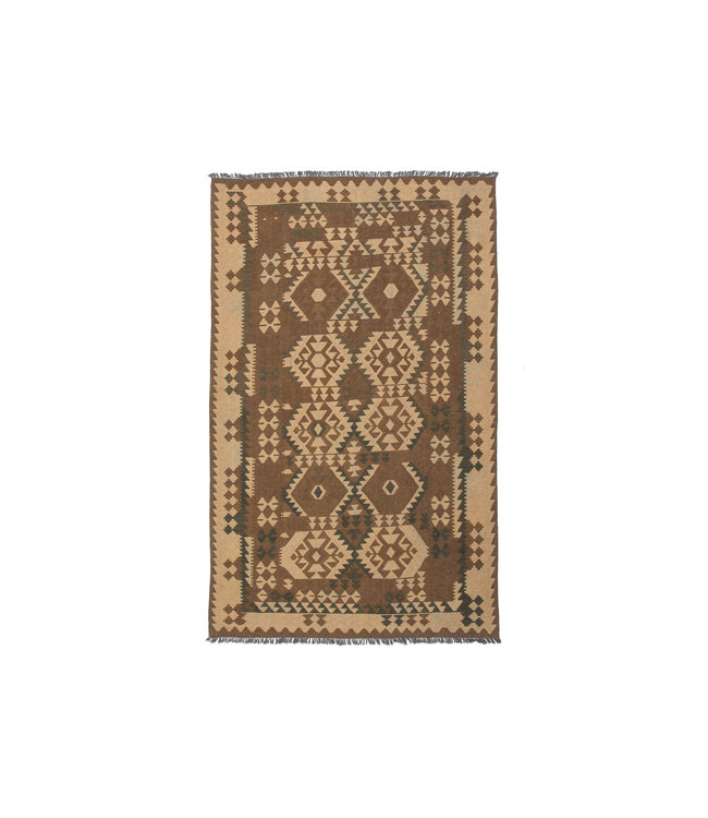 Hand Woven Brown Wool Kilim Area Rug 300x188 cm