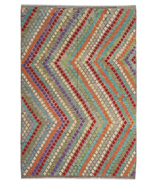 Fantastic Geometric Handwoven Afghan Kilim Rug 294x209 cm Multi color Rectangle 100% Wool Tribal Fantastic Geometric Handwoven Afghan Kilim Rug 294x209 cm Multi color Rectangle 100% Wool Tribal