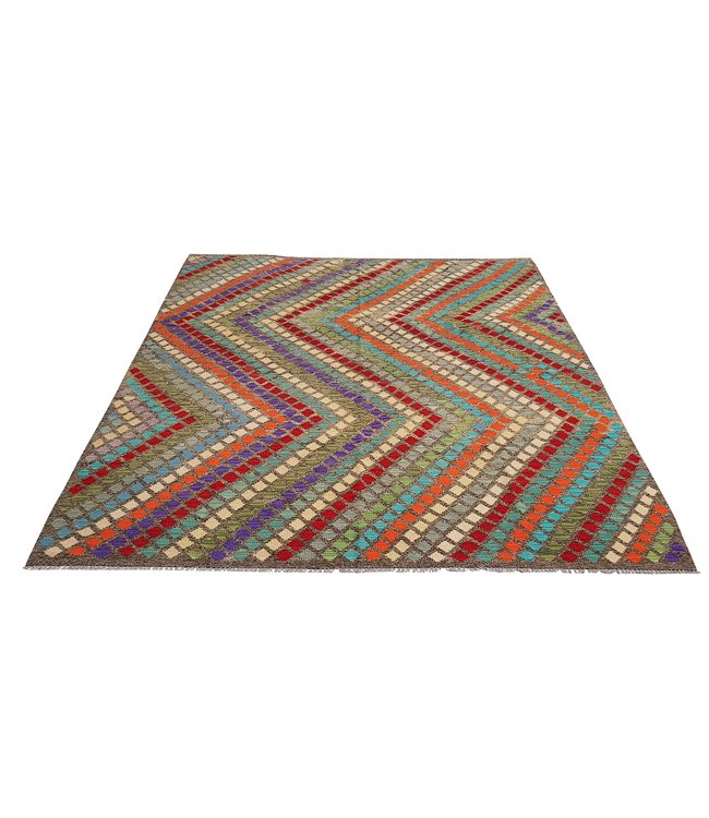 Fantastic Geometric Handwoven Afghan Kilim Rug 294x209 cm Multi color Rectangle 100% Wool Tribal