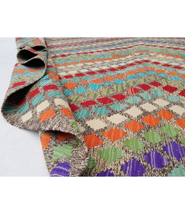 Fantastic Geometric Handwoven Afghan Kilim Rug 294x209 cm Multi color Rectangle 100% Wool Tribal