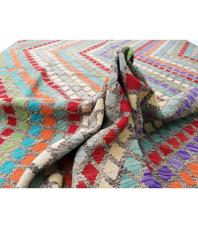 Fantastic Geometric Handwoven Afghan Kilim Rug 294x209 cm Multi color Rectangle 100% Wool Tribal