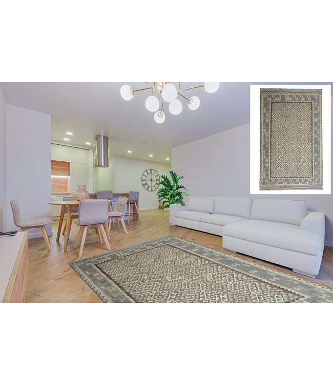 Handgewebte Braun Wolle Kelim Teppich 308x201 cm