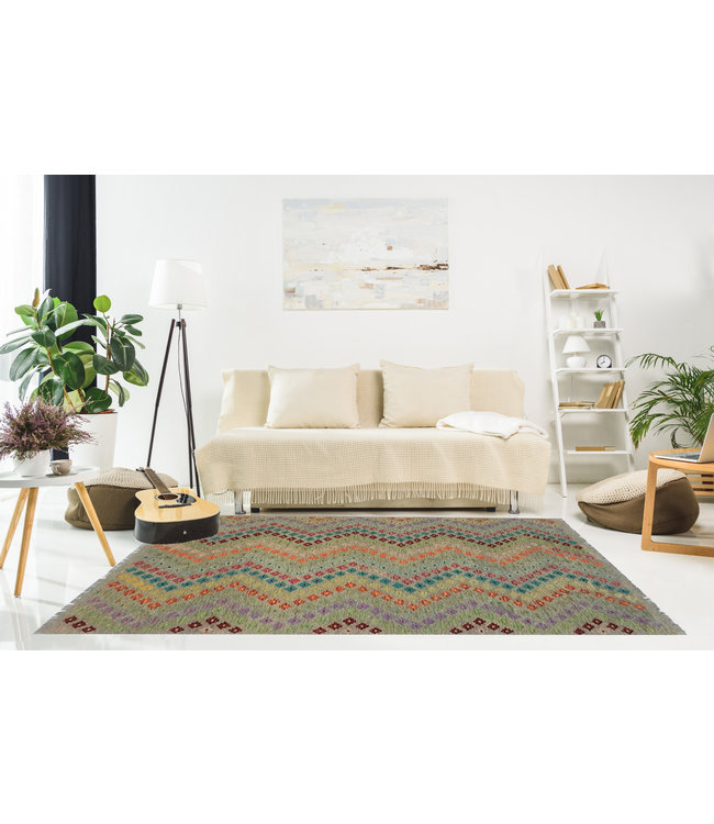 Fantastic Traditional Handwoven Striped Afghan Kilim Rug 249x177 cm Multi color Rectangle 100% Wool