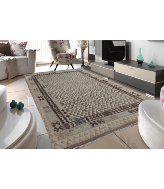 Handgewebte Braun Wolle Kelim Teppich 296x197 cm