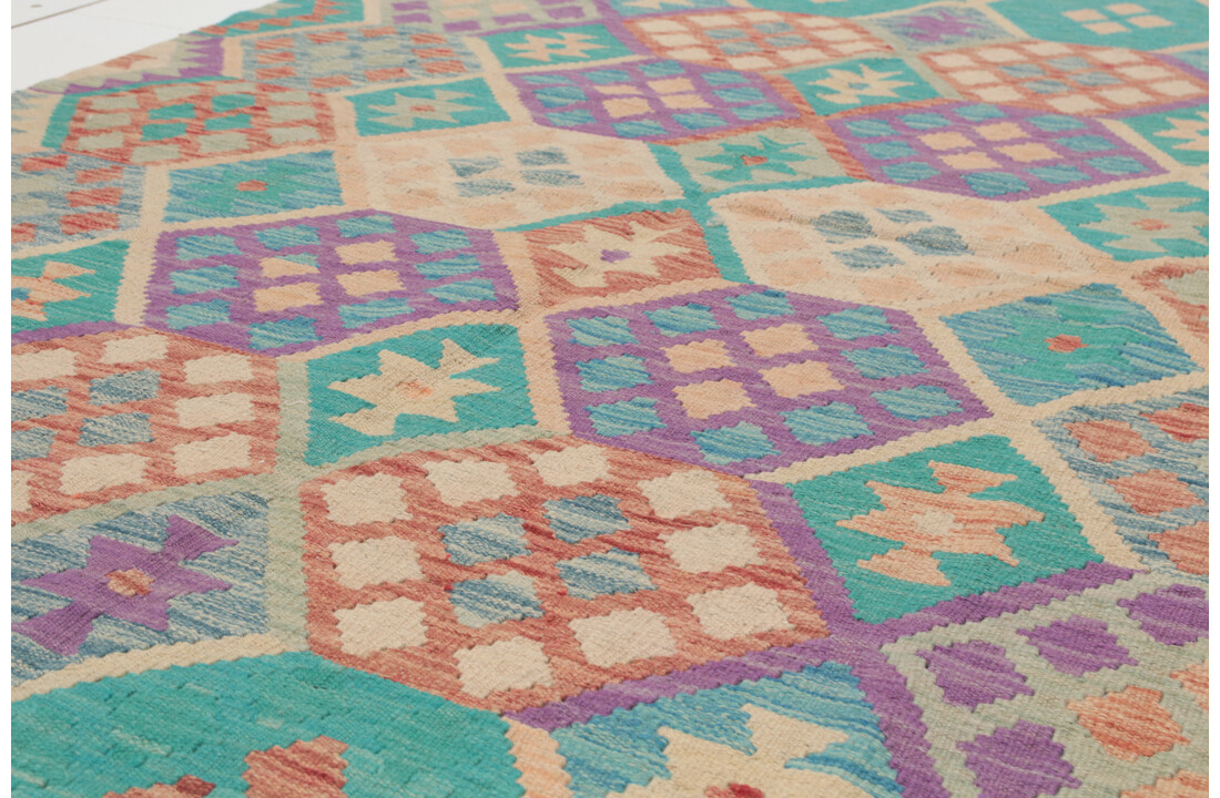 188x150 cm Handgeweven Kelim Tapijt Wol Vloerkleed