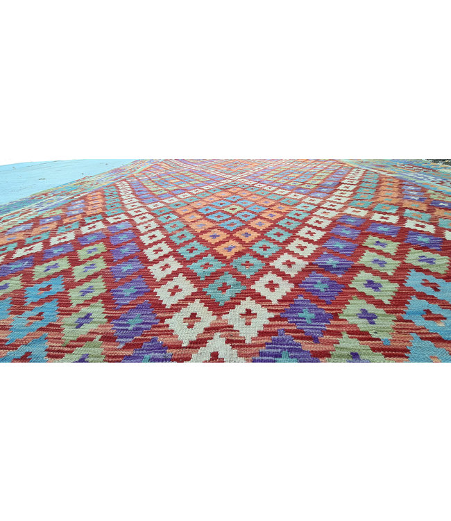 410x305 cm Handgemaakt Oosters Kelim Wol Vloerkleed