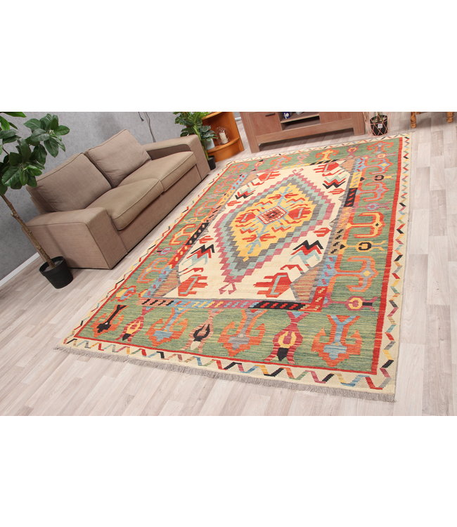 302x207cm Handgeweven  traditionele Kelim Tapijt Wol