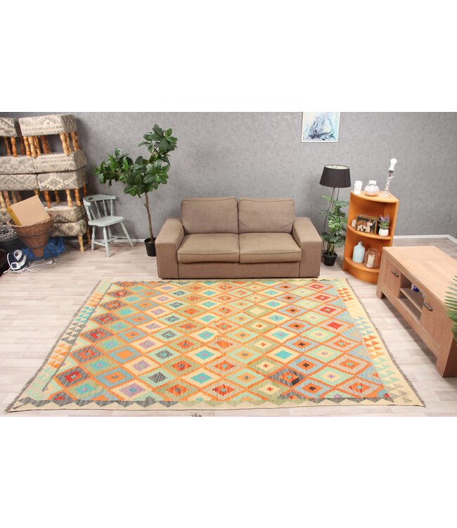 286x201 cm Handgeweven Traditioneel Kelim Tapijt Wol