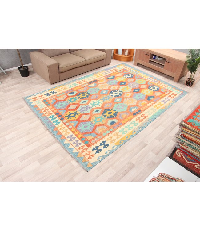 291x201 cm Handgeweven Traditioneel Kelim Tapijt Wol