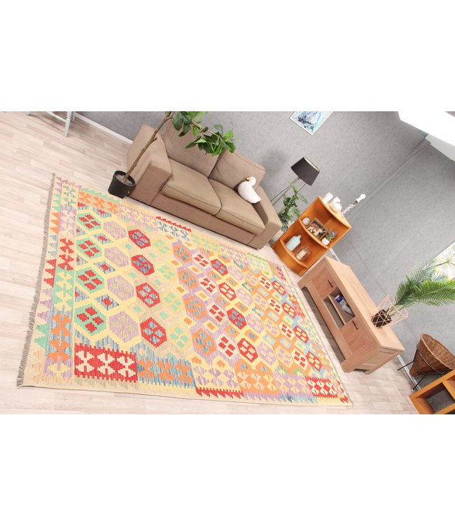 299x206 cm Handgeweven Traditioneel Kelim Tapijt Wol