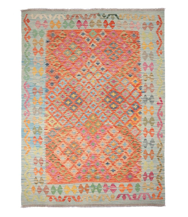 206 x 154 cm Handmade Afghan Traditional Kilim Area Rug Wool Carpet