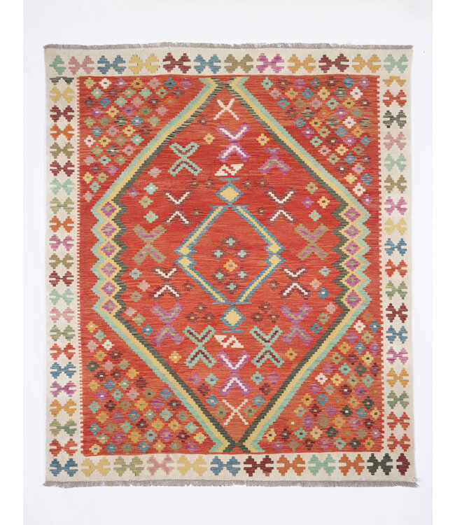 239 x 195 cm Handmade Afghan Traditional Kilim Area Rug Wool Carpet