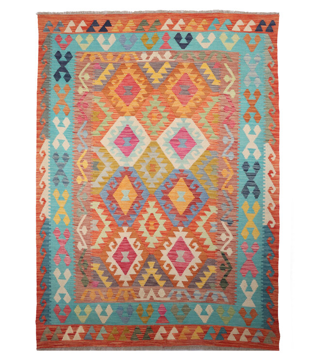242 x 175 cm Handgemaakte Afghaanse traditionele Kilim Vloerkleed Wol Tapijt