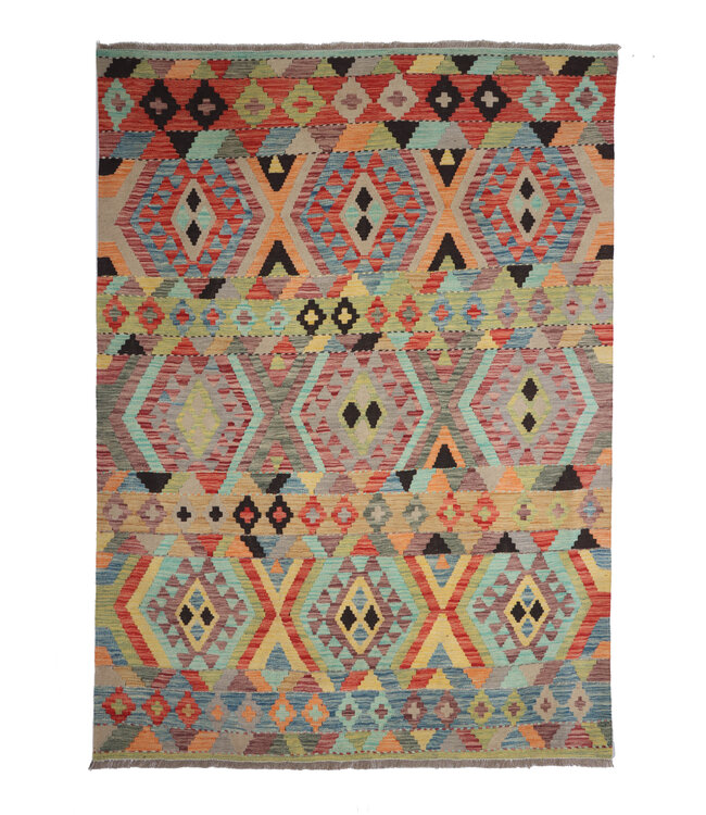 207 x 156 cm Handmade Afghan Traditional Kilim Area Rug Wool Carpet