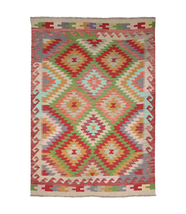 203 x 148 cm Handmade Afghan Traditional Kilim Area Rug Wool Carpet