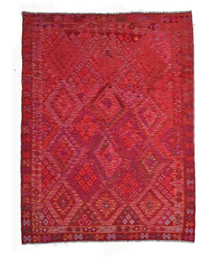 Kelimshop Handgewebter rosa-roter Kelim-Teppich, 233 x 184 cm, Teppich aus 100 % Wolle
