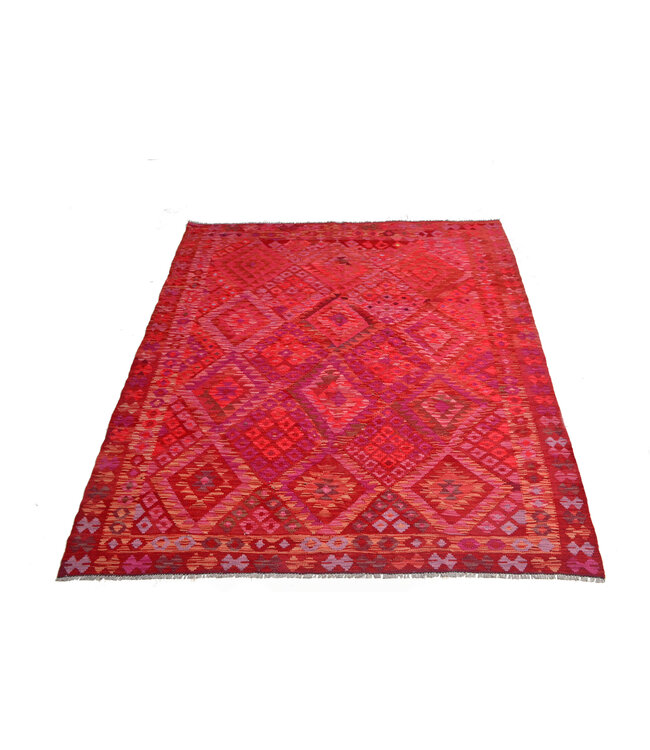 Handgeweven rozerood kelimtapijt 233x184 cm 100% wollen vloerkleed