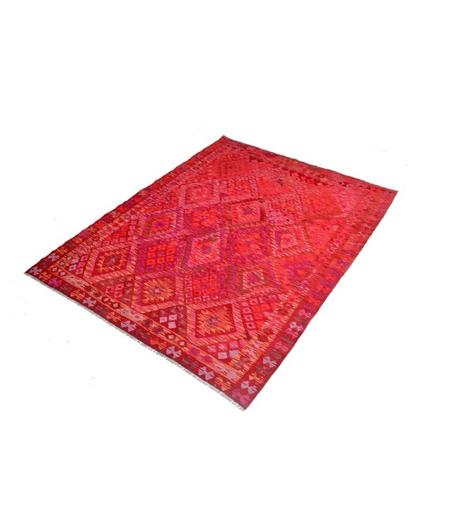 Handwoven pink red Kilim carpet 233x184 cm 100% wool rug