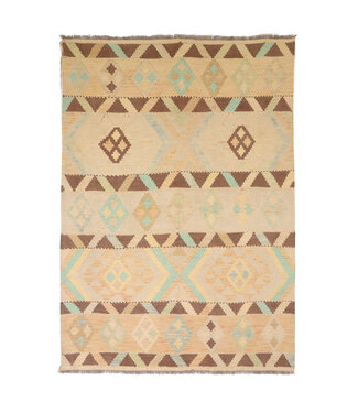 Kelimshop 195x150 cm Handgewebter Beiger Traditioneller Kelim-Teppich