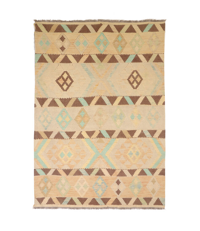 195x150 cm Handgewebter Beiger Traditioneller Kelim-Teppich