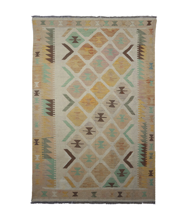 199x142 cm Handgeweven Beige Traditioneel Kelim Tapijt