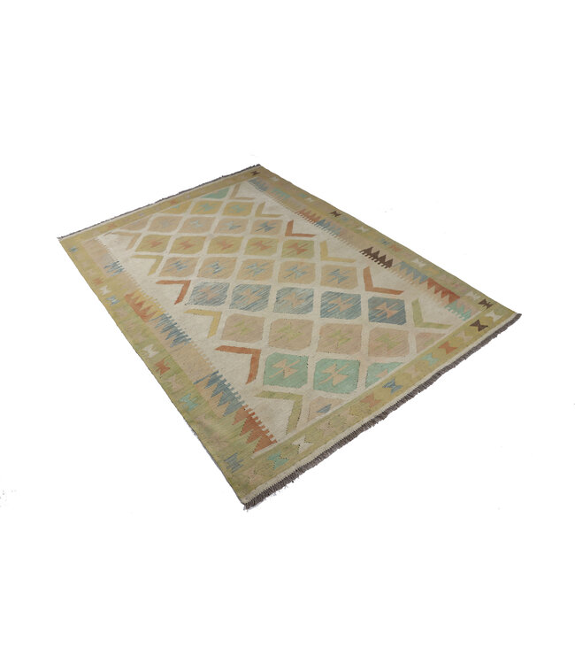 198x141 cm Handgeweven Beige Traditioneel Kelim Tapijt