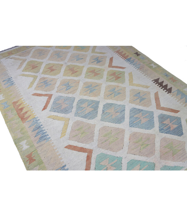 198x141 cm Handgeweven Beige Traditioneel Kelim Tapijt