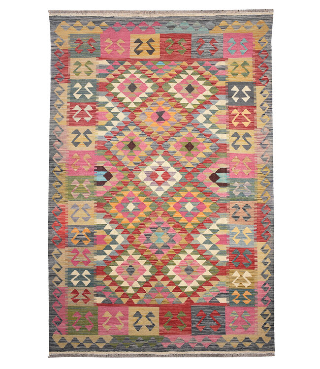 256x174 cm Handgeweven Traditionele Kelim Vloerkleed Wol Tapijt