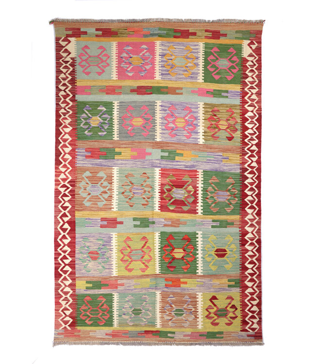 256x166 cm Handgeweven Traditionele Kelim Vloerkleed Wol Tapijt