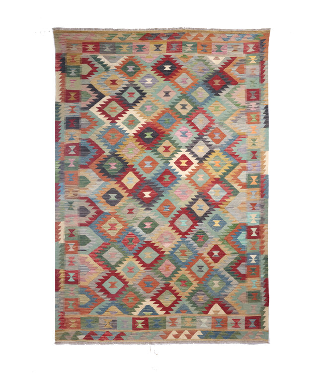 291x203 cm Handgeweven Traditionele Kelim Vloerkleed Wol Tapijt