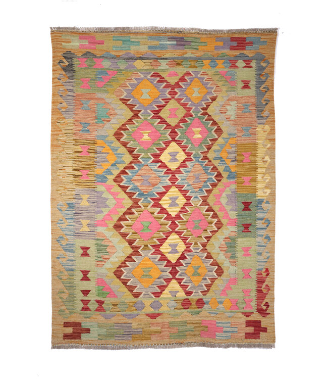 199x144 cm Handgeweven Traditionele Kelim Vloerkleed Wol Tapijt
