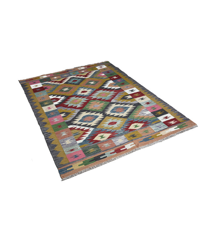 198x152 cm Handgeweven Traditionele Kelim Vloerkleed Wol Tapijt