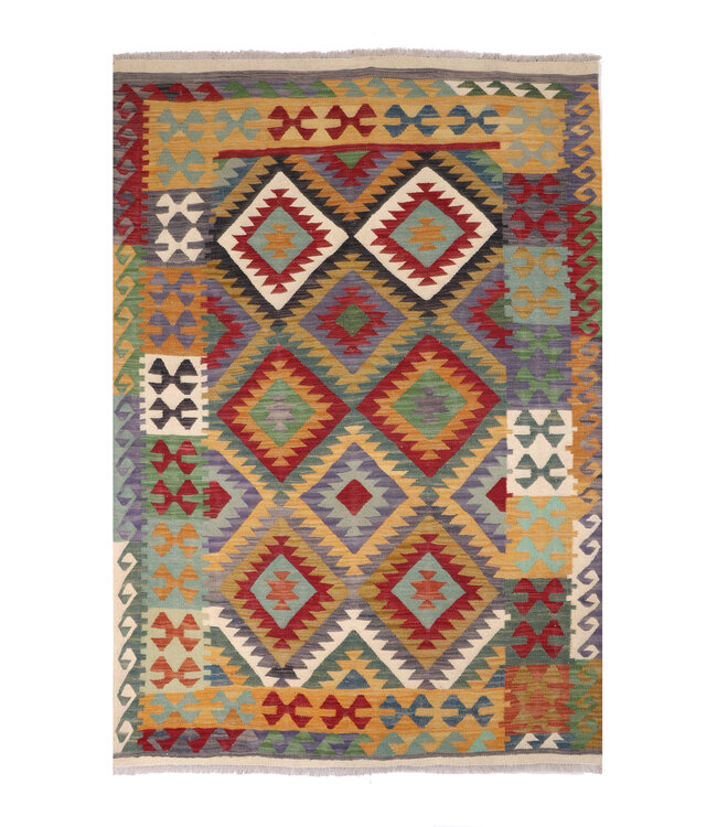 208x150 cm Handgeweven Traditionele Kelim Vloerkleed Wol Tapijt