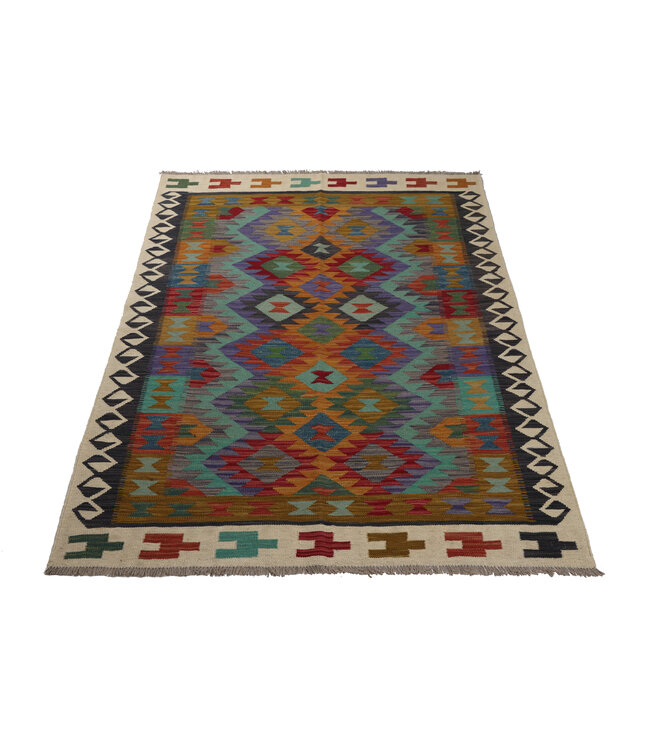 195x148 cm Handgeweven Traditionele Kelim Vloerkleed Wol Tapijt