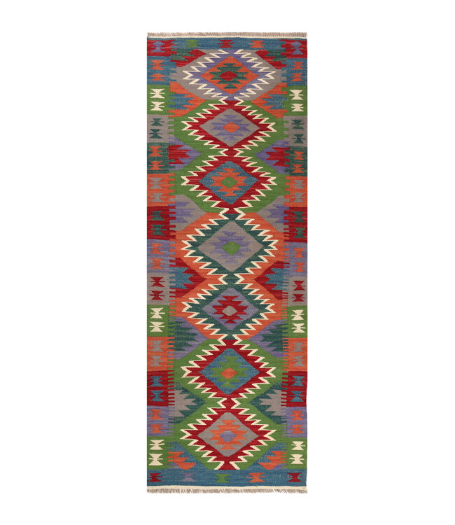 Handgeweven Kelim Loper 200x65 cm Wol Vloerkleed Tapijt