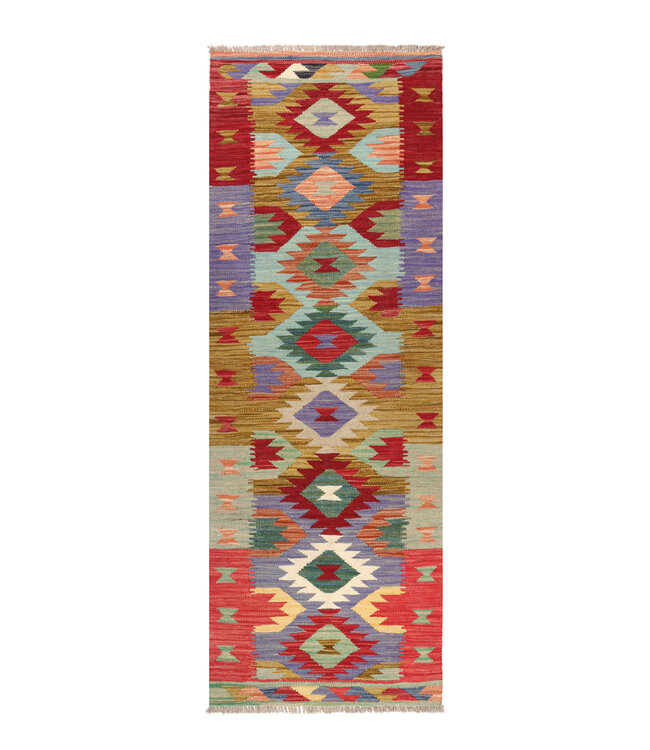 Handgeweven Kelim Loper 186x66 cm Wol Vloerkleed Tapijt
