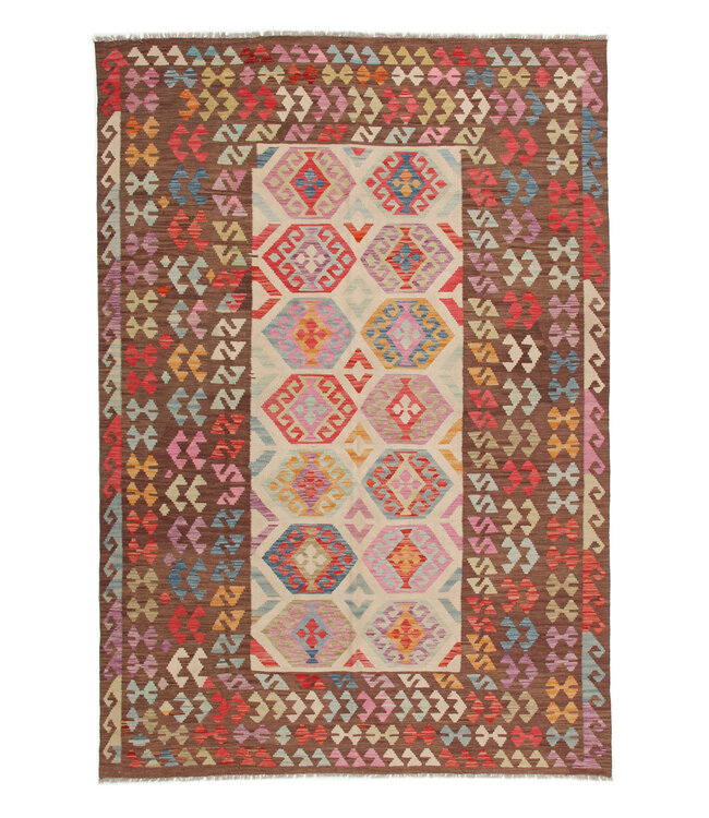 296x200 cm Handgemaakt Wollen Kelim Tapijt Neutrale Kleur Vloerkleed